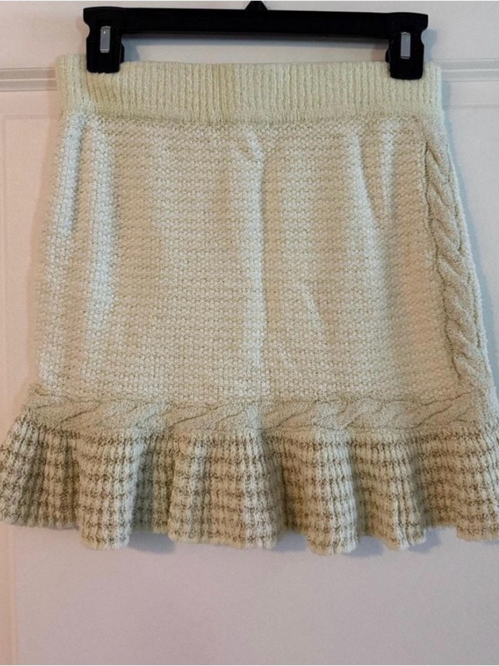 LoveShackFancy Cream Cable-Knit Ruffle Hem Skirt